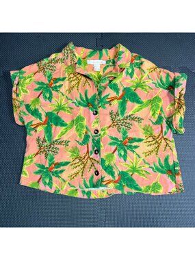 Monteau Womens Tropical Print Button-Up Short Sleeve Blouse Size M Vibrant Palm